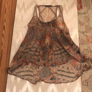 Sheer Doe & Rae Patterned Top with Lace Racerback